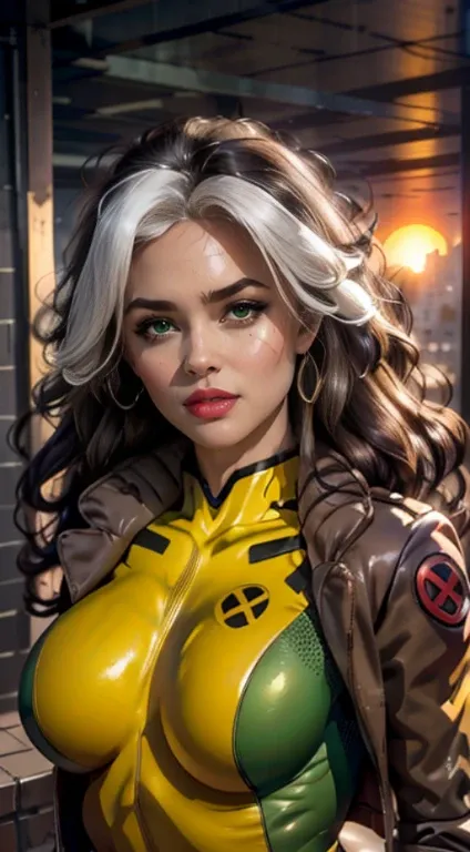 animated film_x_So long_artful,Ownwaifu, full body view, hairlong, brown hair, green colored eyes, lipstick, makeup, lips, white strand in the hair, band, Wavy Hair, messy  hair, curly hair, Medium and large breasts, Curved Figure, ((Kelly Berglund:Bailey ...