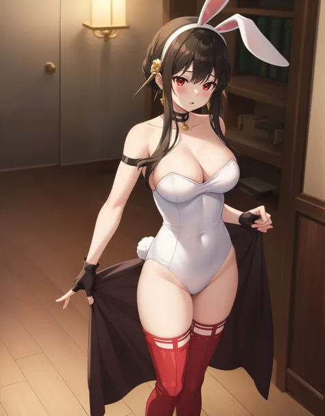 aayorf, sidelocks, gold hairband, hair ornament, red eyes, gold earring, large breasts, choker, bare shoulders, fingerless gloves, thigh boots, standing, bunny ear, bunny suit, cleavage, panties, medium breasts, 
,  masterpiece, best quality, highly detail...