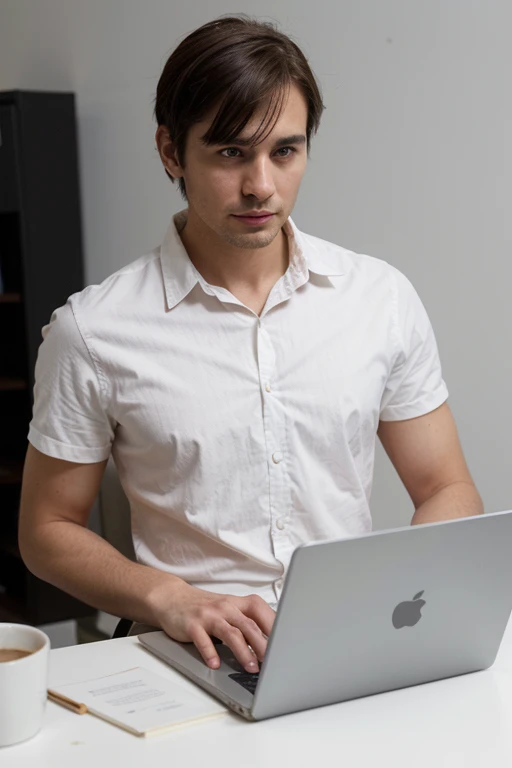 A young man, 35years old, good looking, with a short haircut, wearing white shirt, Works on a laptop,