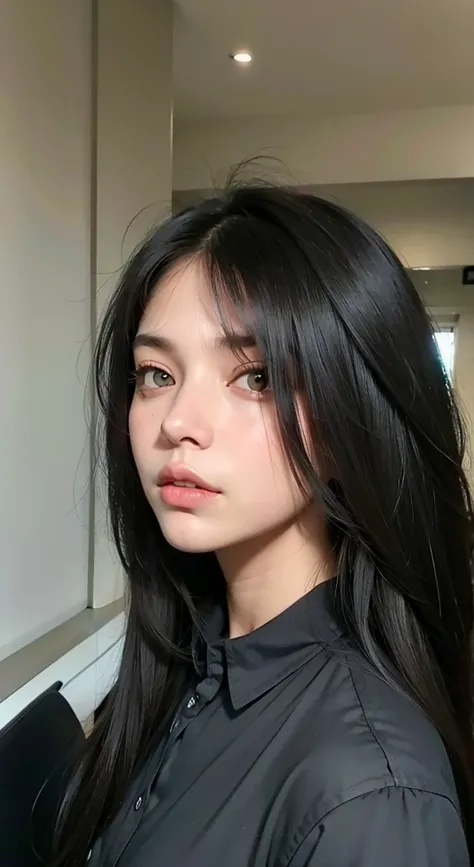 Un primer plano de una mujer con el pelo largo y negro y una camisa negra, cabello negro y ojos grandes, Aykut Aydogdu, cabello negro y ojos marrones, Cara perfecta ), pale-skinned persian girl, cara bonita de pelo negro, Cabello negro natural extra oscuro...