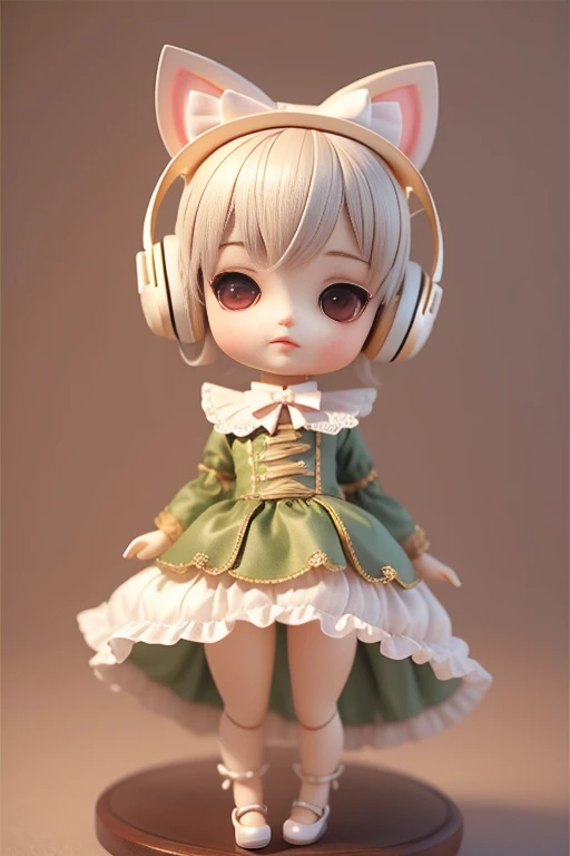 Super cute BJD doll，Full body composition，Short hair details，Two-headed body，Wear ear headphones for cats.，It has a long tail like a cat.，There is a bow tied around the tail.，Genuine fabric，real hair