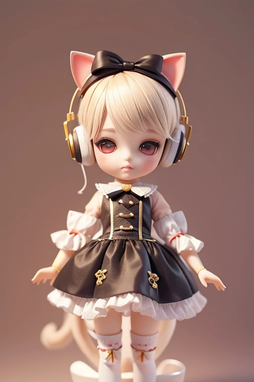 Super cute BJD doll，Full body composition，Short hair details，Two-headed body，Wear ear headphones for cats.，It has a long tail like a cat.，There is a bow tied around the tail.，Genuine fabric，real hair