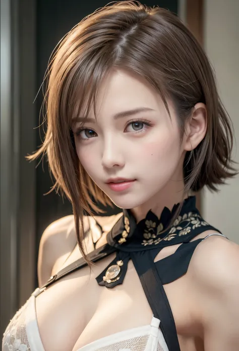 (8K, Photorealistic, Raw photo, of the highest quality: 1.3), (1girl in), Super beautiful, (Realistic face), (boyish, Silver Color Berry Shorthair), Beautiful , Glare that captivates the viewer, Beautiful expression, Beautiful breasts, (Realistic skin), Be...