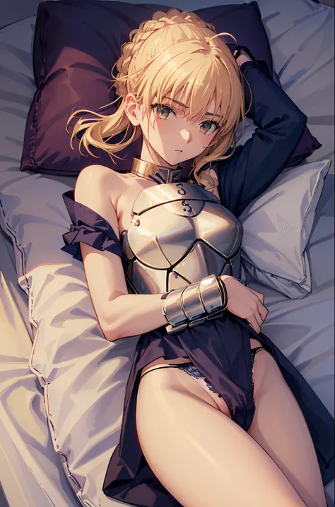 Best Quality, masutepiece,Saber, Faltria, 1girl in, Solo, armor,  Armored dress, blazing, gauntlets, Holding, breastplates, Hair bun,  full bodyesbian, legs are open, undergarment:only panties,   Panty Pose, (Fully exposed panties:1.5)、 (Panties:1.3), (lyi...