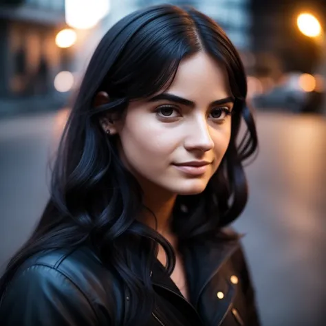 rough skin, no makeup, dark hair, outside, street, midnight