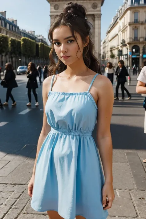 Wide angle lens, a girl with curly black long hair in a bun long,light blue eyes ,tourist,in paris wearing a micro dress,medium full-body,masterpiece,high quality,natural Lighting,filmic grain,FujiFilm  X T3,ultra realistic,