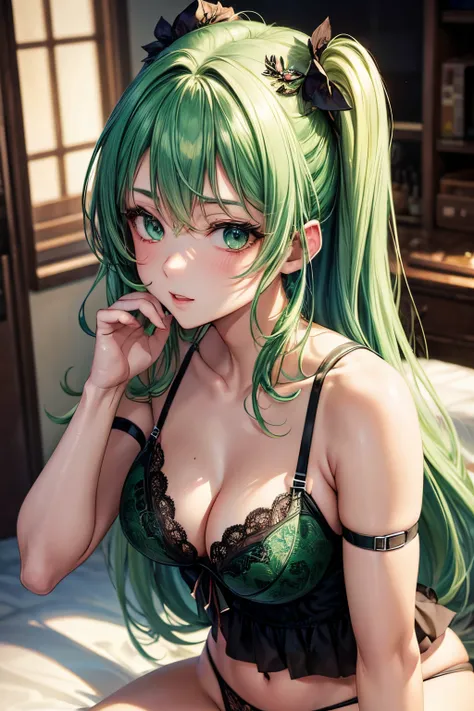 hot anime girl with prominent features and beautiful face wearing a lingerie with green hair