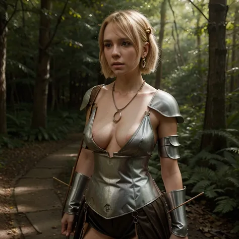 Tiffany Beck slender frame small breasts blonde short straight hair asymmetric fringe blushing earrings several chains full body in shot medieval garb armour battle weary quiver on back carrying longbow in forest