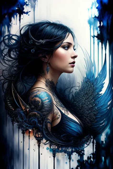 Colorful beautiful woman: Black ink flow: 8k resolution photorealistic masterpiece: by Aaron Horkey and Jeremy Mann: intricately detailed fluid gouache painting: by Jean Baptiste Mongue: calligraphy: acrylic: watercolor art, professional photography, natur...