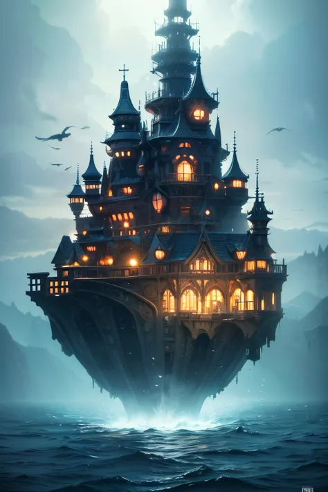 Contasia: 1.2), (estilo Hayao Miyazaki), (irregular building floating in the sea), casas de retalhos, flower decorations, luzes, arte conceitual inspirada em Andreas Rocha, Vencedor do concurso Artstation, Arte de Fantasia, (underwater city), Tran Ross, ei...