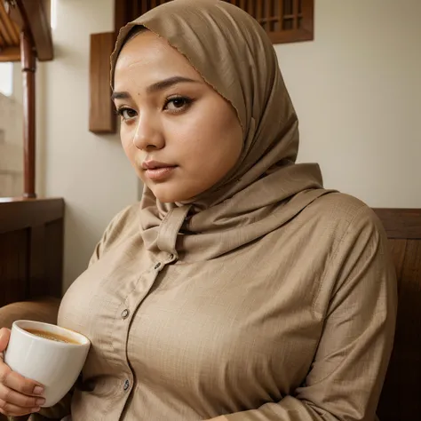 A beautiful woman wearing a hijab and Indonesian Muslim clothes, flat nose, slightly thick lips, slightly wide forehead, chubby cheeks,was sitting drinking coffee