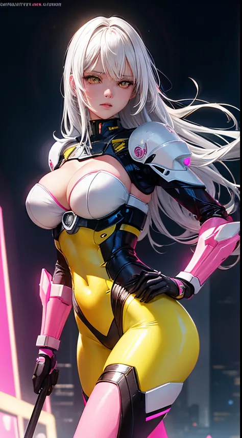 pretty, woman, sexy face, yellow eyes, white hair, slim body, sexy pose, pink tights, mecha, neon sign, led night city, seen from above, high quality, realistic, beautiful light, complete detail, black background