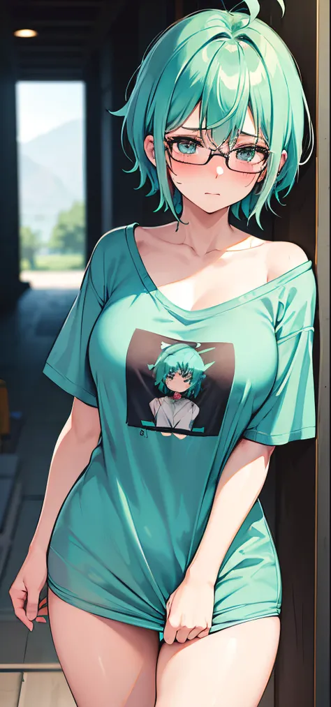 1girl, solo, 53 years old, milf, teal and green hair, messy hair, asymmetrical hair, ahoge, very short hair, aqua eyes, medium breasts, pale skin, glasses, naked t-shirt, blush, embarrassed, thighs, shirt pull