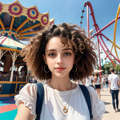 Una foto retratada de una hermosa mujer con cabello rizado., ojos esmeraldas, piel clara, cabello corto, es una influencer de Instagram (eso&#39;It&#39;s in an amusement park with a lot of people around..., fondo desenfocado)