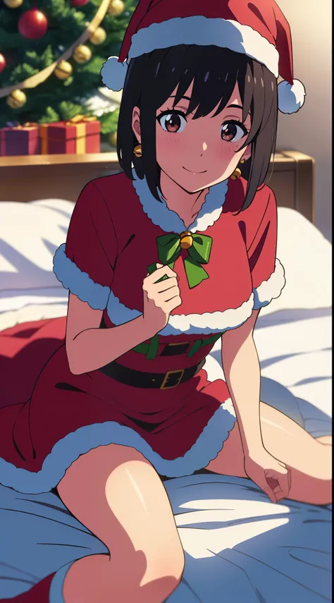 shinkai makoto, kimi no na wa., 1girl, bangs, black hair, blush, bright eyes, brown eyes, looking at the viewer, red bow, red headband, red ribbon, short hair, medium breasts, solo, indoors, day, shiny skin, smile, happy, beautiful, parfect anatomy, Santa ...