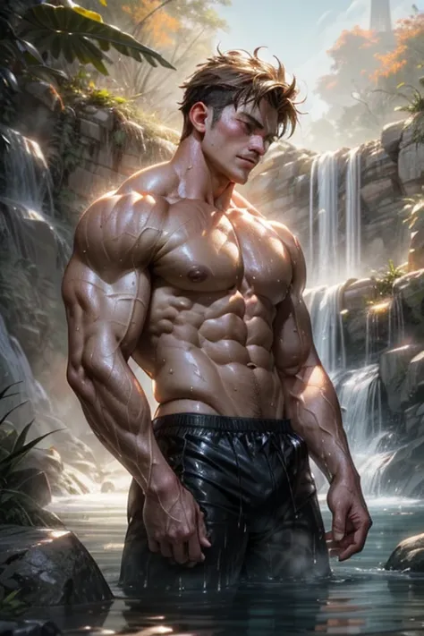 a, fire-breathing, muscular, shirtless man, standing under a refreshing waterfall of water, washing away the sweat from his intense training session, steam rising from his body, steamy atmosphere, steamy shower, steamy hot water, water droplets glistening ...