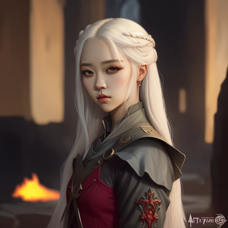 Un primer plano de una mujer coreana con cabello largo y rubio con un vestido rojo, Hermosa pintura de personajes, Obras de arte al estilo de Guweiz, deviantart artstation cgscosiety, Fantasy art style, Fantasy Art Portrait,  Impresionante arte de personaj...