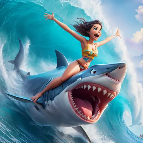 cartoon girl riding a shark on a wave with a big mouth, 3 d animated movie, 3 d epic illustrations, animated movie, movie promotional art, shark, animated movie, Arte CG, animated movie still, movie artwork, Pixar Splash Art, epic digital art illustration,...