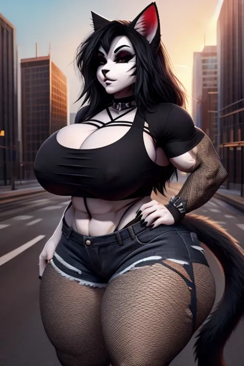 A goth cat wearing a small tight torn croptop, small tight torn jean shorts and fishnets on her arms and legs, long black hair, Giant soft boobs, large soft plump butt and thighs, horny, muscular, big