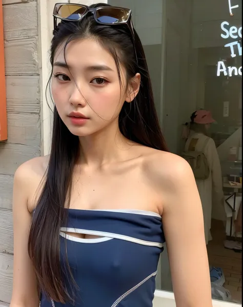 Hay una mujer parada afuera de una tienda con un vestido azul., Heonhwa Choe, Chica coreana, Jaeyeon Nam, Gongbi, Taejune Kim, Jinyoung Shin, 2 4 year old female model, Hermosa mujer surcoreana, Blackpink Jennie, Wenfei Ye, Asian girl, Hermosa joven corean...