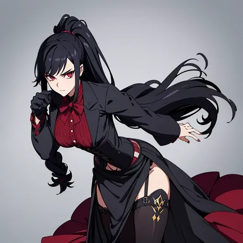 (masterpiece), vampire girl with long curly black hair in ponytail wearing corset top and skirt with side slits, detailed, centered, perfect hands, expressive eyes, cool pose, dramatic pose