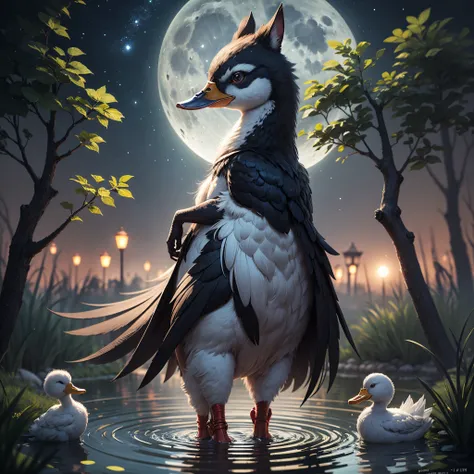 Title: "Moonlit Guardian"  Prompt: Illustrate a charming scene featuring a duck adorned with a Batman mask, gracefully wading in a serene pond under the soft glow of the moon. Surround the duck with lush vegetation, and paint a beautiful night sky filled w...