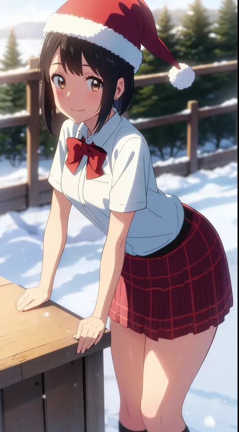 shinkai makoto, kimi no na wa., 1girl, bangs, black hair, blush, bright eyes, brown eyes, bow, red bow, ribbon, red ribbon, short hair, medium breats, solo, perfect hands perfect anatomy, sweet face, day, outdoors, winter scenery, snow, steam, cloud, Again...