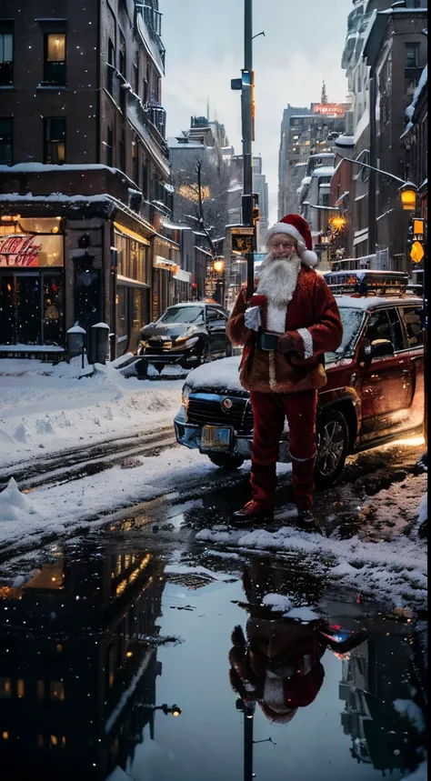 (best quality,4k,8k,highres,masterpiece:1.2), ultra-detailed, realistic:1.37, Santa Claus, giant figure walking down the streets of New York, driving a Coca-Cola branded van, background with a galaxy full of stars and planets, vibrant colors, portrait, urb...