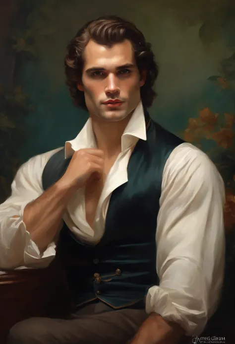 Painting of a handsome and masculine man, ((with long, falling over his shoulders)) and an embroidered masculine suit, ((Duke, from the Victorian Era)), ((Henry Cavill style)), in the background of a Paris brothel, Bowater art style, baroque digital painti...