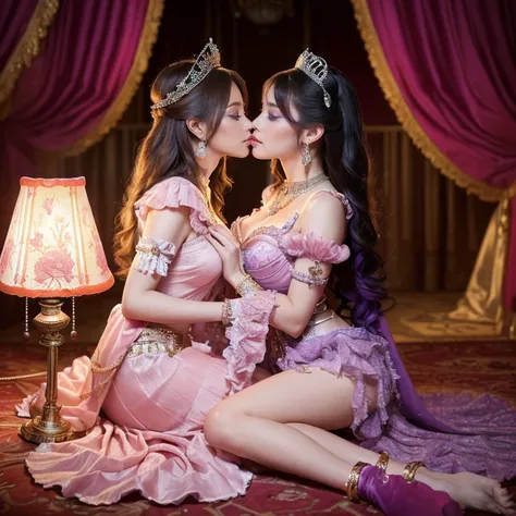 (top-quality, masterpiece, 8K, Top image quality, Highly complex and detailed depictions), Two humans(one is prostitute goddess(The ultimate luxury with everything you can imagine, most gorgeous goddess costume, A smile staring at customer woman, Large amo...