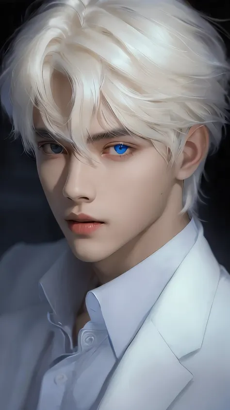 un primer plano de una persona con cabello blanco y ojos azules, chico alto con ojos azules, chico guapo en el arte, chico rubio...