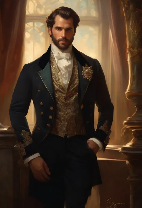 Painting of a handsome man with a beard and manly, ((with long, falling over his shoulders)) and an embroidered masculine suit, ((Duke, from the Victorian Era)), ((Henry Cavill style)), in the background of a brothel Paris, Bowater art style, Baroque digit...