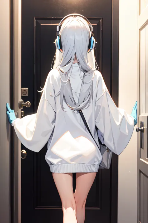 Girl Royal Sister wears headphones, wears loose sweatshirt, leather gloves, white long hair, back view of white light door