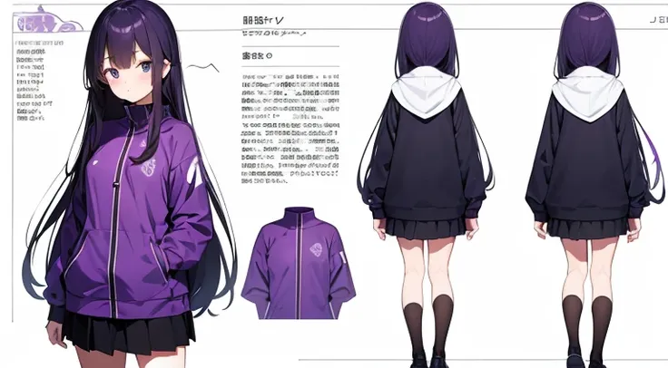 (Best Quality, masutepiece), , 15 yo,Standing Girl, Character Sheet,Background,Purple hair,Long hair, A sexy,Shoulders are sticking out,jaket,white  clothes,turtle neck,Beautuful Women,Beautiful