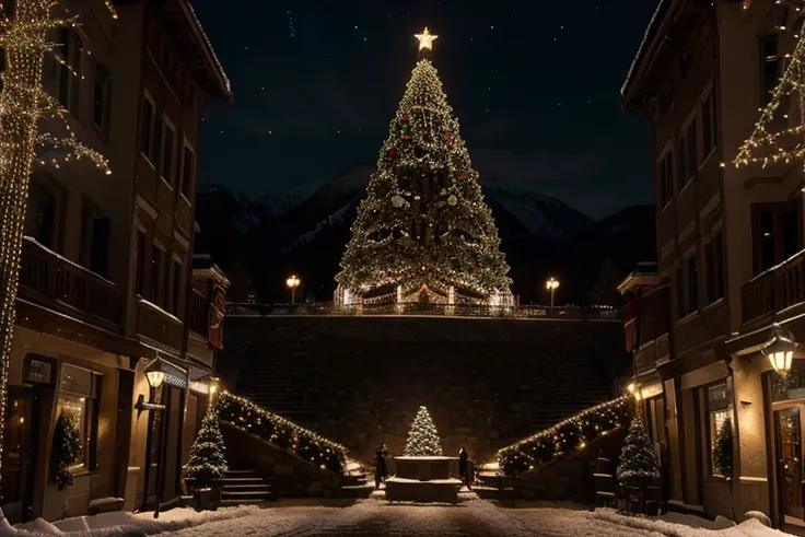 ((masterpiece, best quality)), (extremely intricate:1.3) sharp focus, dramatic, award winning, cinematic lighting, portrait ofa small town in the mountains illuminated with Christmas lights and a large Christmas tree in the square