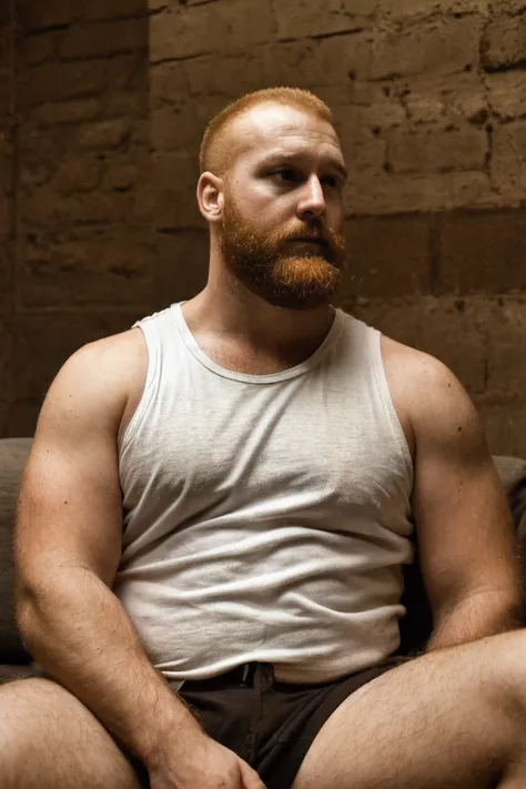 paloroid image, old distroted, thirstrap, hot hunky uncle, skinhead, bearded, ginger, handsome, beefy, unaware, looking away, ((...