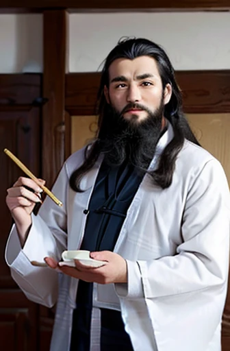 A Taoist priest，with a long beard，Writing with a brush in the right hand