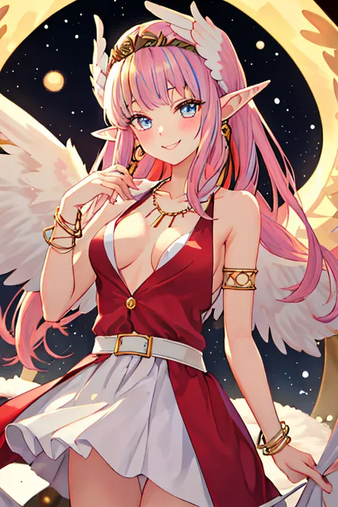 best quality, master piece, Tall, alone, {Circe_FGO:1.15}, pointed_Ears, Pink_fur, Head_Wings, Wings, fringe, feathered_Wings, Long_hair, jewel, smile, breasts, necklace, blush, small_breasts, multicolored_eye, 1girl, bracelet, looking_at_viewer, blue_eye,...