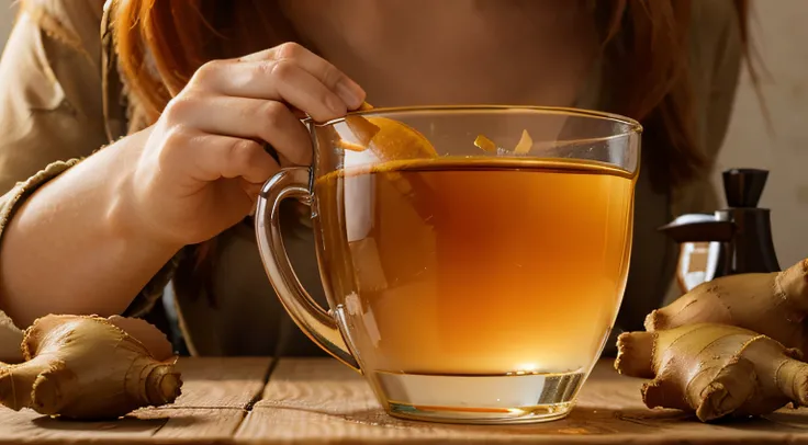 Imagem de ((GINGER TEA)), being placed in transparent cups showing some ingredients of what it is made of, I really want clarity with every possible detail in this image.