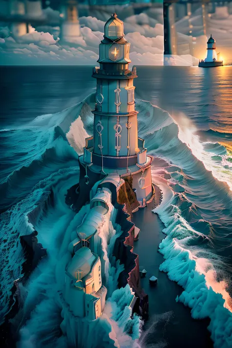 foto tomada desde un faro, (((puedes ver el faro:1.9))) y al fondo grandes olas, waves bigger than the lighthouse, Nazaré waves, olas rompiendo con mucha espuma, The sky is dark, rayos de tormenta en el fondo, nieve, Its cold, mucho hielo