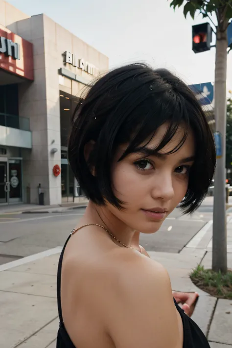 girl, short hair, black hair, in front of a mall,