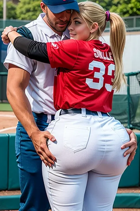 xlteen, two people, one male, one female, male groping female, female is bent over, dugout setting, girl dressed in white softball shirt and softball pants, pants tight, guy dressed in baseball uniform. Girl is voluptuous, wide hips, thigh thighs, huge ass...