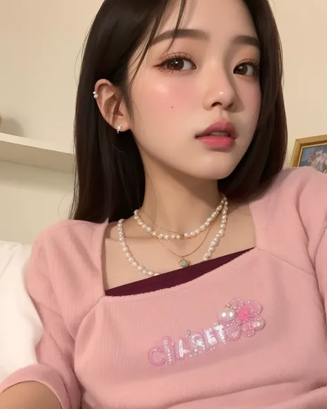 Arafed Asian girl with a pearl necklace and a pink shirt., Chica coreana, ulzzang, Blackpink Jennie, Asian girl, 19 year old girl, young cute wan asian face, Hermosa joven coreana, 🤤 girl portrait, Chiho, young asian woman, Jaeyeon Nam, Parque Roseanne de ...