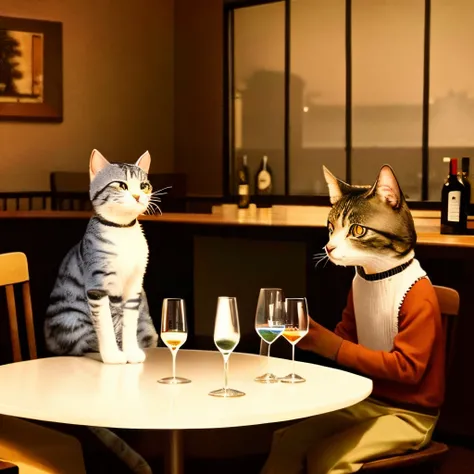 Cats sitting and drinking wine at round table