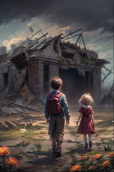 "Digital art, ((forlorn)) Boy with his Little Sister wandering through a nuclear wasteland, flowers breaking through the destruction, eerie ruins under a tumultuous sky, ((desolate beauty)), ((emotional depth)), detailed, haunting"