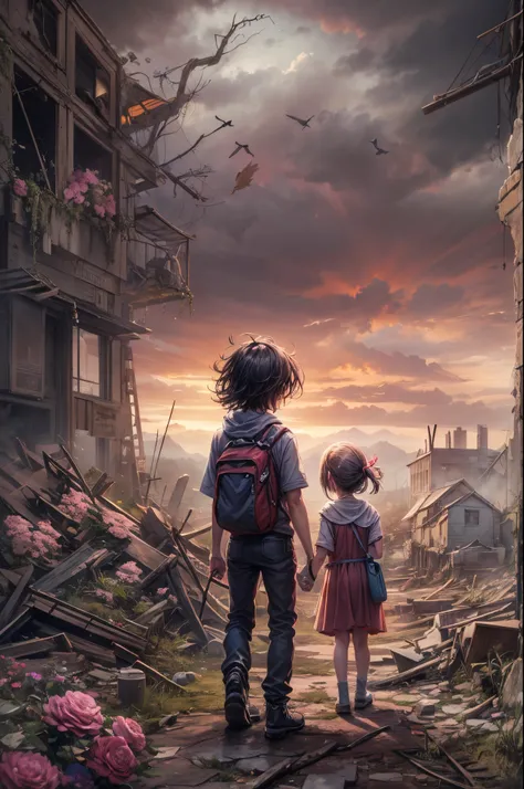 "Digital art, ((forlorn)) Boy with his Little Sister wandering through a nuclear wasteland, flowers breaking through the destruction, eerie ruins under a tumultuous sky, ((desolate beauty)), ((emotional depth)), detailed, haunting"