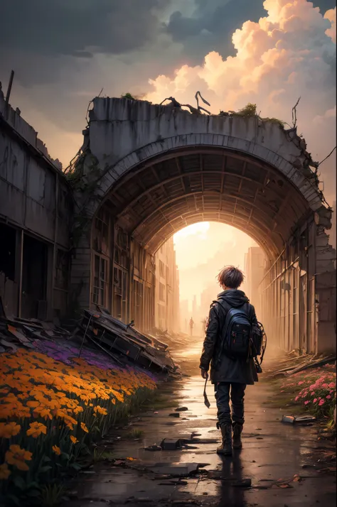 "Digital art, ((forlorn)) Boy with his Little Sister wandering through a nuclear wasteland, flowers breaking through the destruction, eerie ruins under a tumultuous sky, ((desolate beauty)), ((emotional depth)), detailed, haunting"