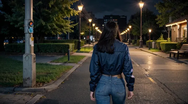 photography, realistic, influencer, aesthetic, from behind, sunshine, sunrise, at a park, walking, dark hair, weather jacket, blue jeans, midnight, lamp post