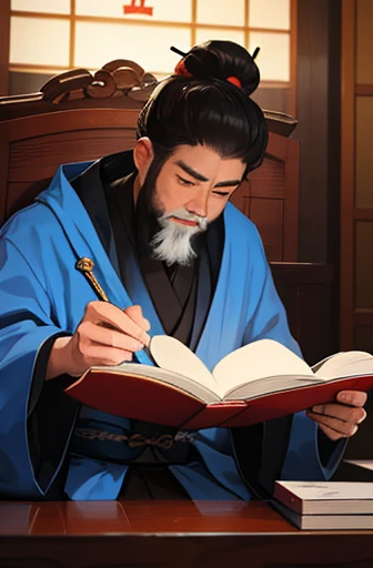 Image of a man wearing a blue robe, confucius and jury trial, Inspired by Emperor Xuande, Inspired by Fu Baoshi, Inspired by Zhibai, Inspired by Song Huizong, Inspired by Ito Jakuchi, Inspired by Chen Daofu, Inspired by Zhao Mengfu