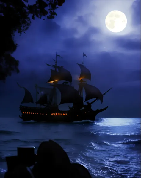 there is a large boat that is floating in the water, pirate ships at war at night, gothic ship on ocean, on a pirate ship background, pirate ship, pirate ship in background, old pirate ship, galleon, a ship on a deserted island, pirate ships, sailing ship,...